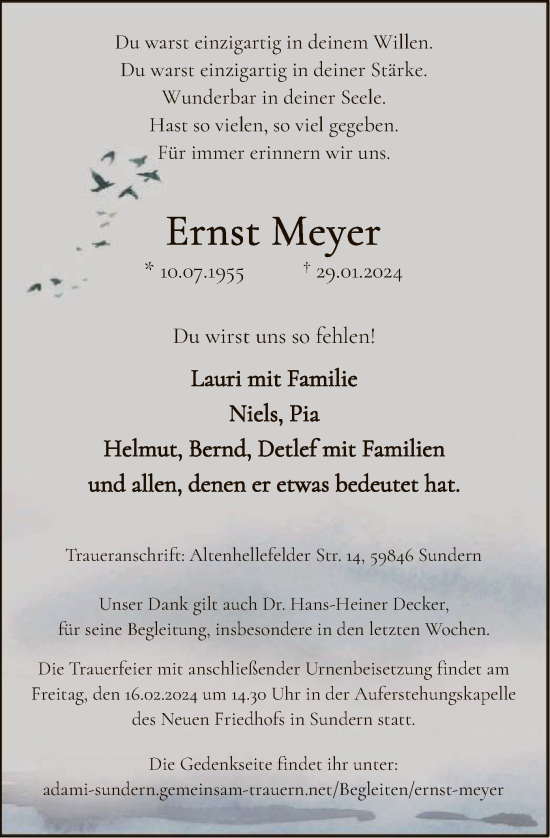 Todesanzeige von Ernst Meyer von WA
