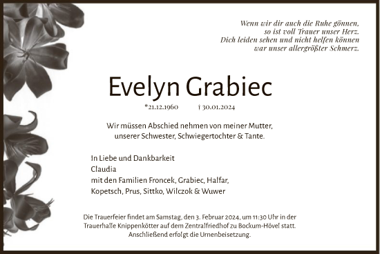 Todesanzeige von Evelyn Grabiec von WA