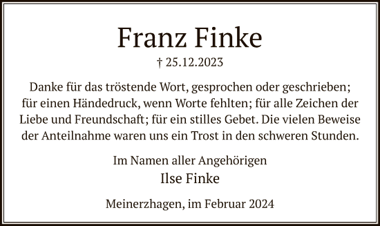 Todesanzeige von Franz Finke von WA