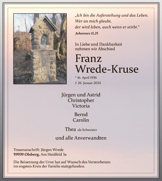 Todesanzeige von Franz Wrede-Kruse von WA
