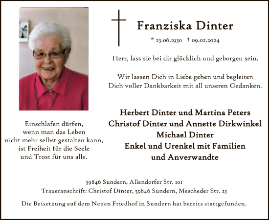 Todesanzeige von Franziska Dinter von WA