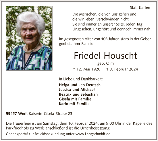 Todesanzeige von Friedel Houscht von WA