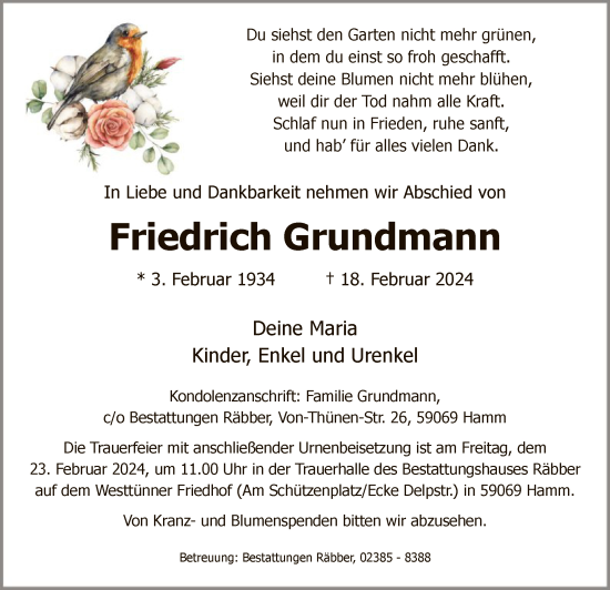 Todesanzeige von Friedrich Grundmann von WA
