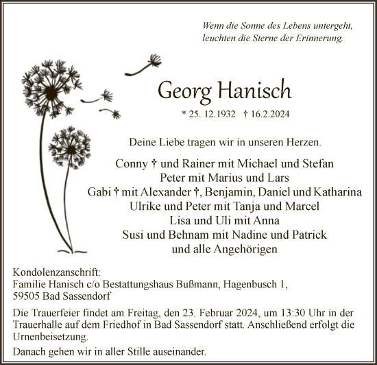 Todesanzeige von Georg Hanisch von WA
