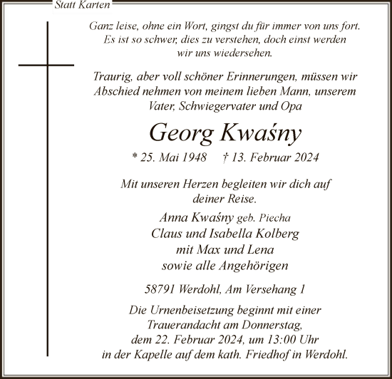 Todesanzeige von Georg Kwasny von WA