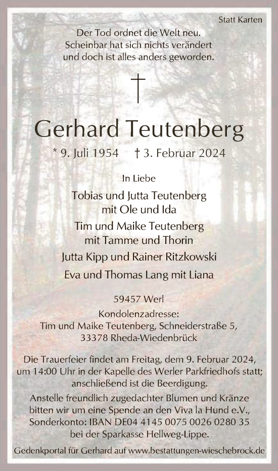 Todesanzeige von Gerhard Teutenberg von WA