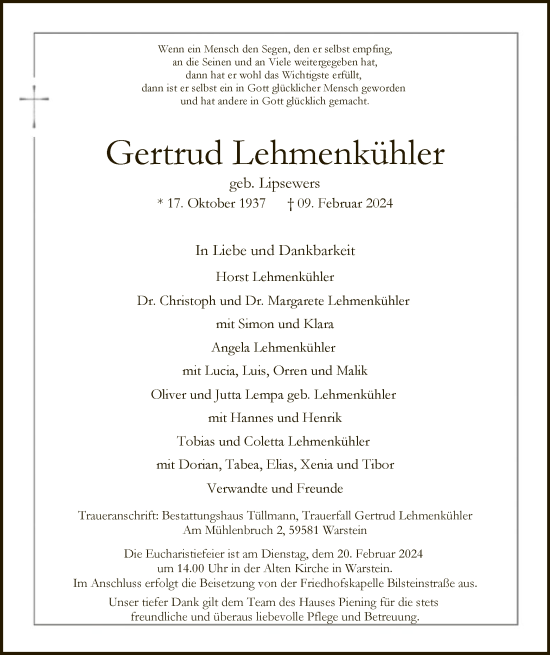 Todesanzeige von Gertrud Lehmenkühler von WA