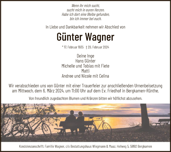 Todesanzeige von Günter Wagner von WA