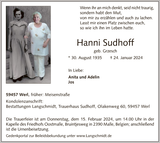 Todesanzeige von Hanni Sudhoff von WA
