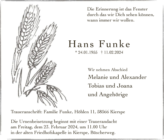 Todesanzeige von Hans Funke von WA