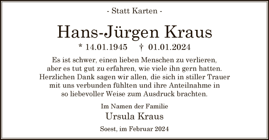 Todesanzeige von Hans-Jürgen Kraus von WA