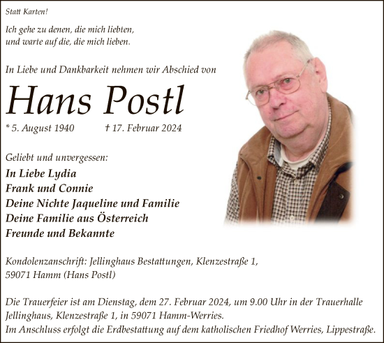 Todesanzeige von Hans Postl von WA