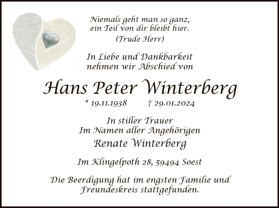 Todesanzeige von Hans Peter Winterberg von WA
