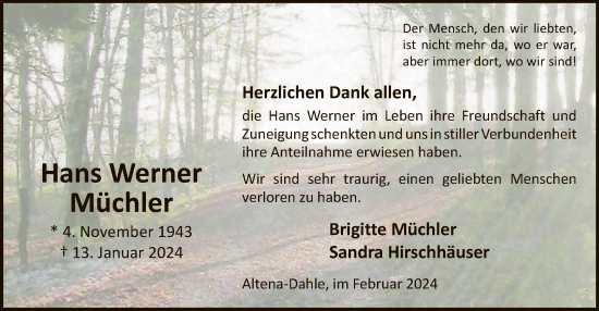 Todesanzeige von Hans Werner Müchler von WA