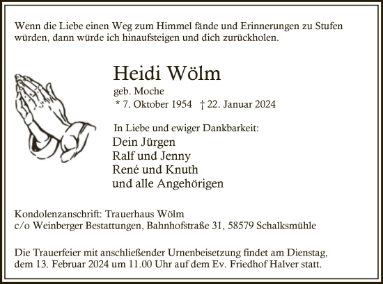 Todesanzeige von Heidi Wölm von WA