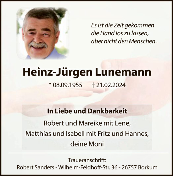 Todesanzeige von Heinz-Jürgen Lunemann von WA