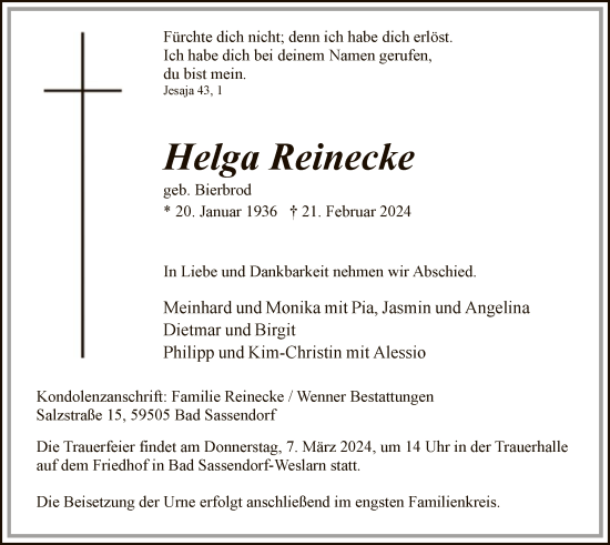 Todesanzeige von Helga Reinecke von WA