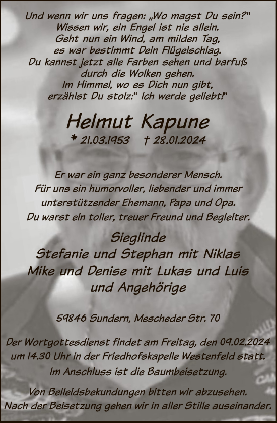 Todesanzeige von Helmut Kapune von WA