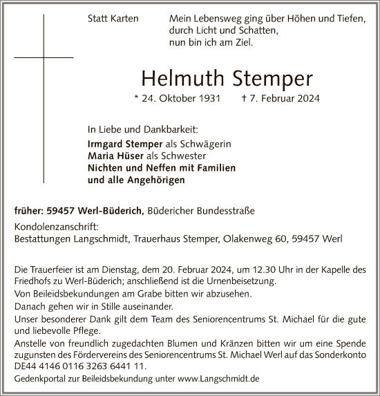 Todesanzeige von Helmuth Stemper von WA