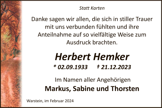Todesanzeige von Herbert Hemker von WA