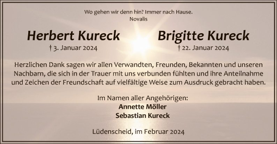 Todesanzeige von Herbert und Brigitte Kureck von WA