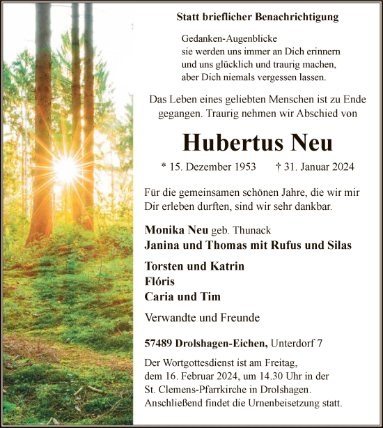 Todesanzeige von Hubertus Neu von WA