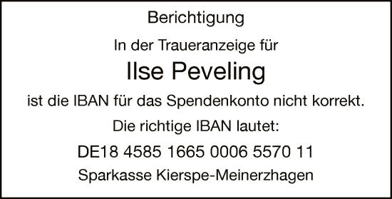 Todesanzeige von Ilse Peveling von WA