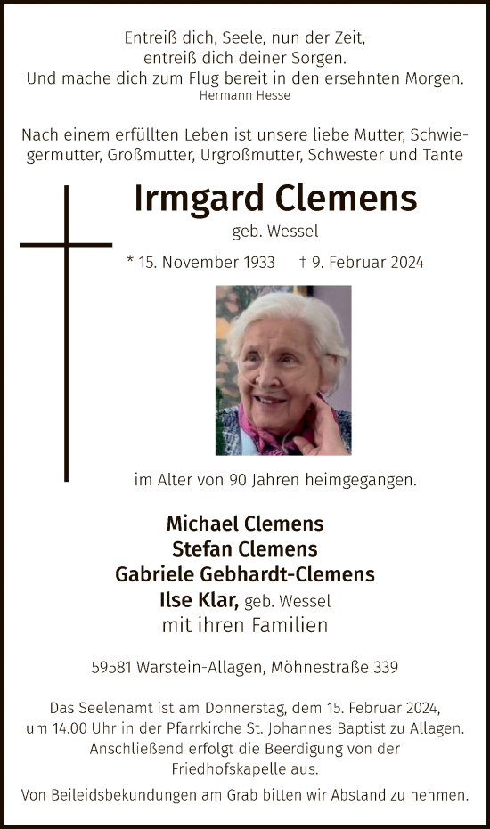 Todesanzeige von Irmgard Clemens von WA
