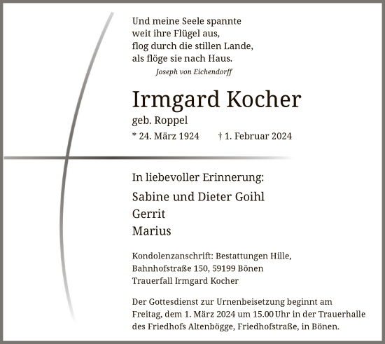 Todesanzeige von Irmgard Kocher von WA