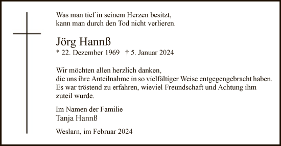 Todesanzeige von Jörg Hannß von WA