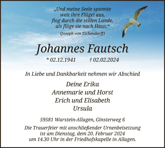Todesanzeige von Johannes Fautsch von WA