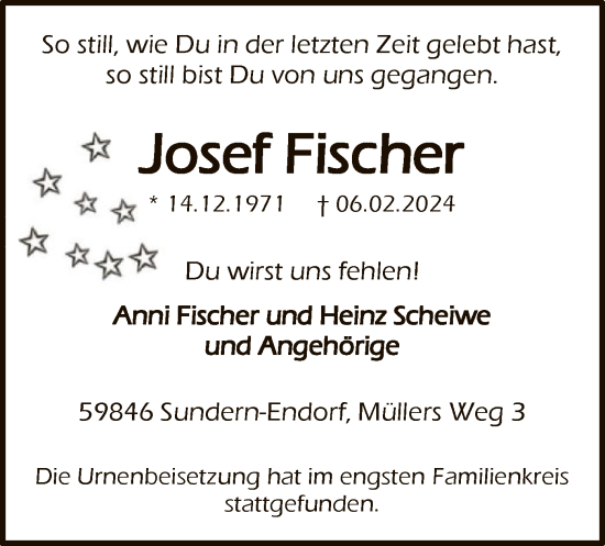 Todesanzeige von Josef Fischer von WA