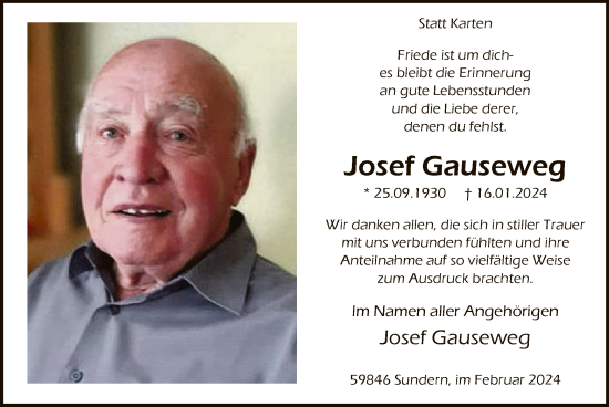 Todesanzeige von Josef Gauseweg von WA