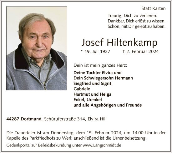 Todesanzeige von Josef Hiltenkamp von WA
