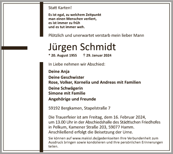 Todesanzeige von Jürgen Schmidt von WA