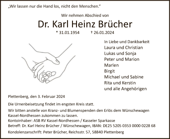Todesanzeige von Karl Heinz Brücher von WA