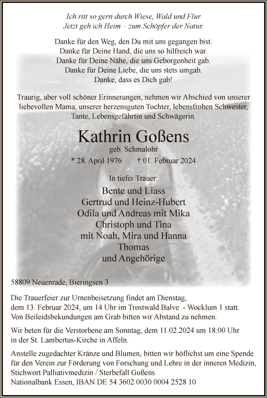 Todesanzeige von Kathrin Goßens von WA