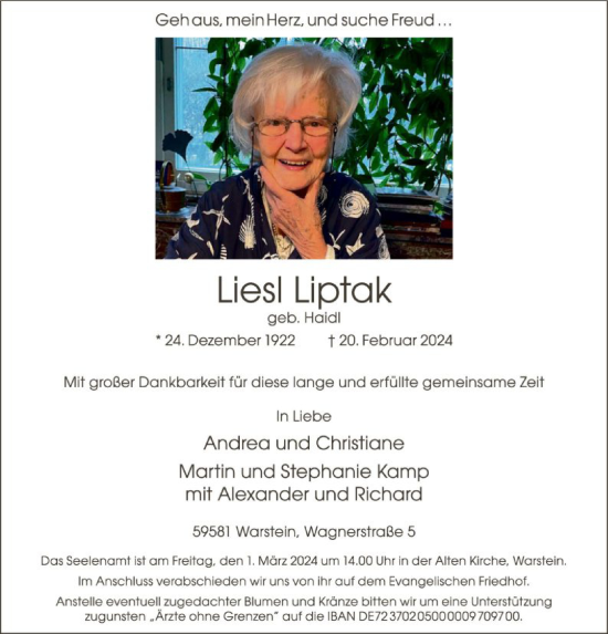 Todesanzeige von Liesl Liptak von WA