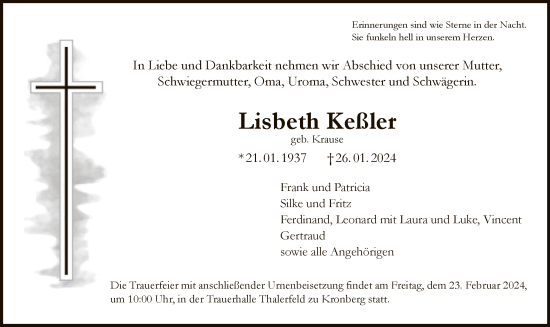 Todesanzeige von Lisbeth Keßler von WA