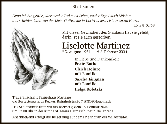 Todesanzeige von Liselotte Martinez von WA