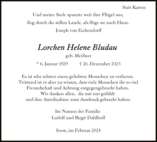 Todesanzeige von Lorchen Helene Bludau von WA