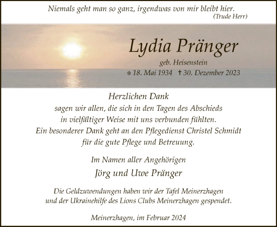 Todesanzeige von Lydia Pränger von WA