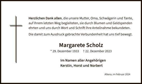 Todesanzeige von Margarete Scholz von WA