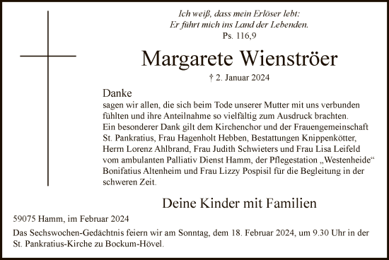 Todesanzeige von Margarete Wienströer von WA