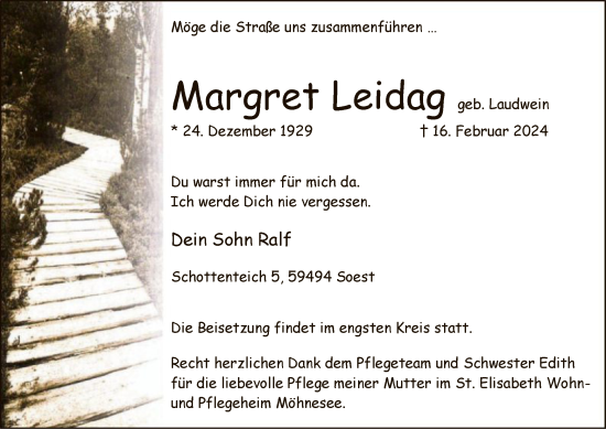 Todesanzeige von Margret Leidag von WA