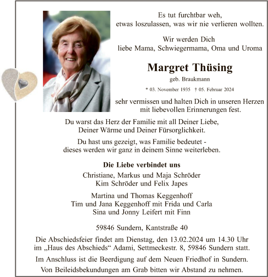 Todesanzeige von Margret Thüsing von WA