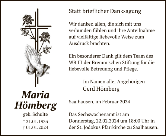 Todesanzeige von Maria Hömberg von WA