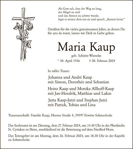 Todesanzeige von Maria Kaup von WA