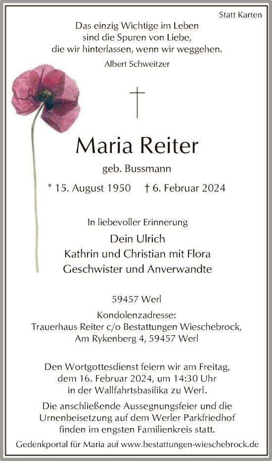 Todesanzeige von Maria Reiter von WA