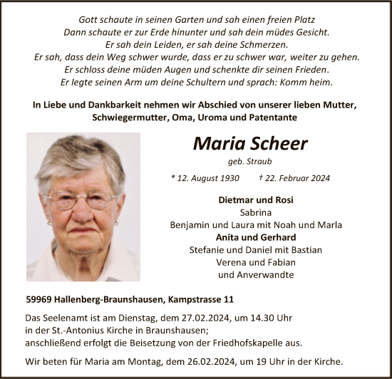 Todesanzeige von Maria Scheer von WA